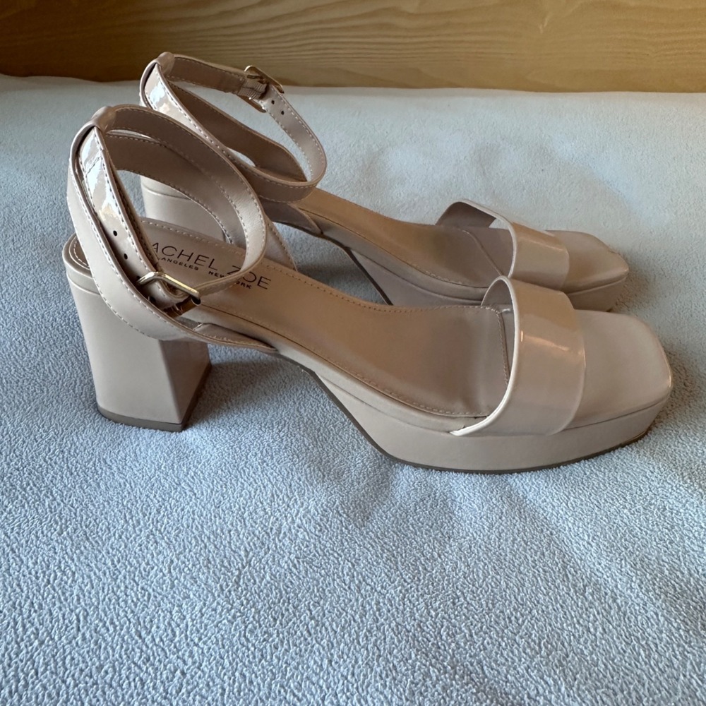Rachel Zoe Block Heel Sandal Womens 9.5 Patent Nude Beige Strappy - Picture 8 of 8